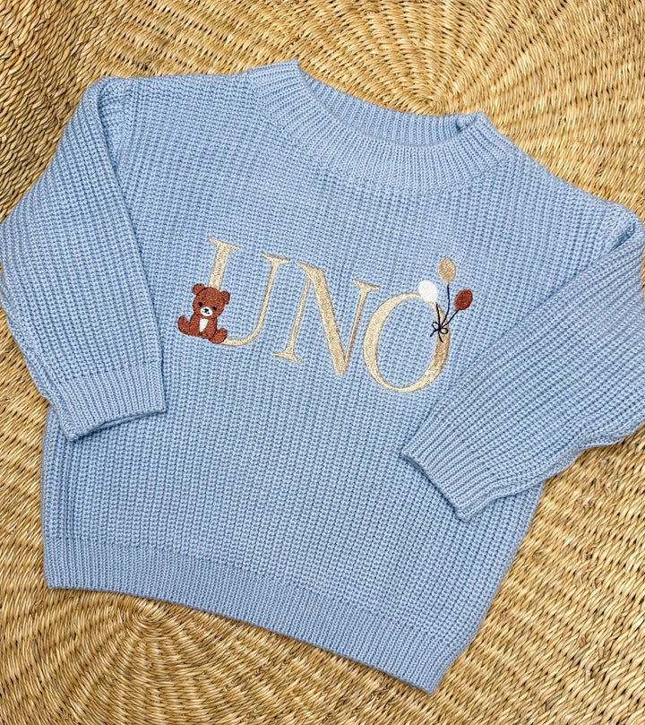 Personalized First Birthday Sweater | Baby Knit Sweater with Bear | Embroidered “UNO” Pullover