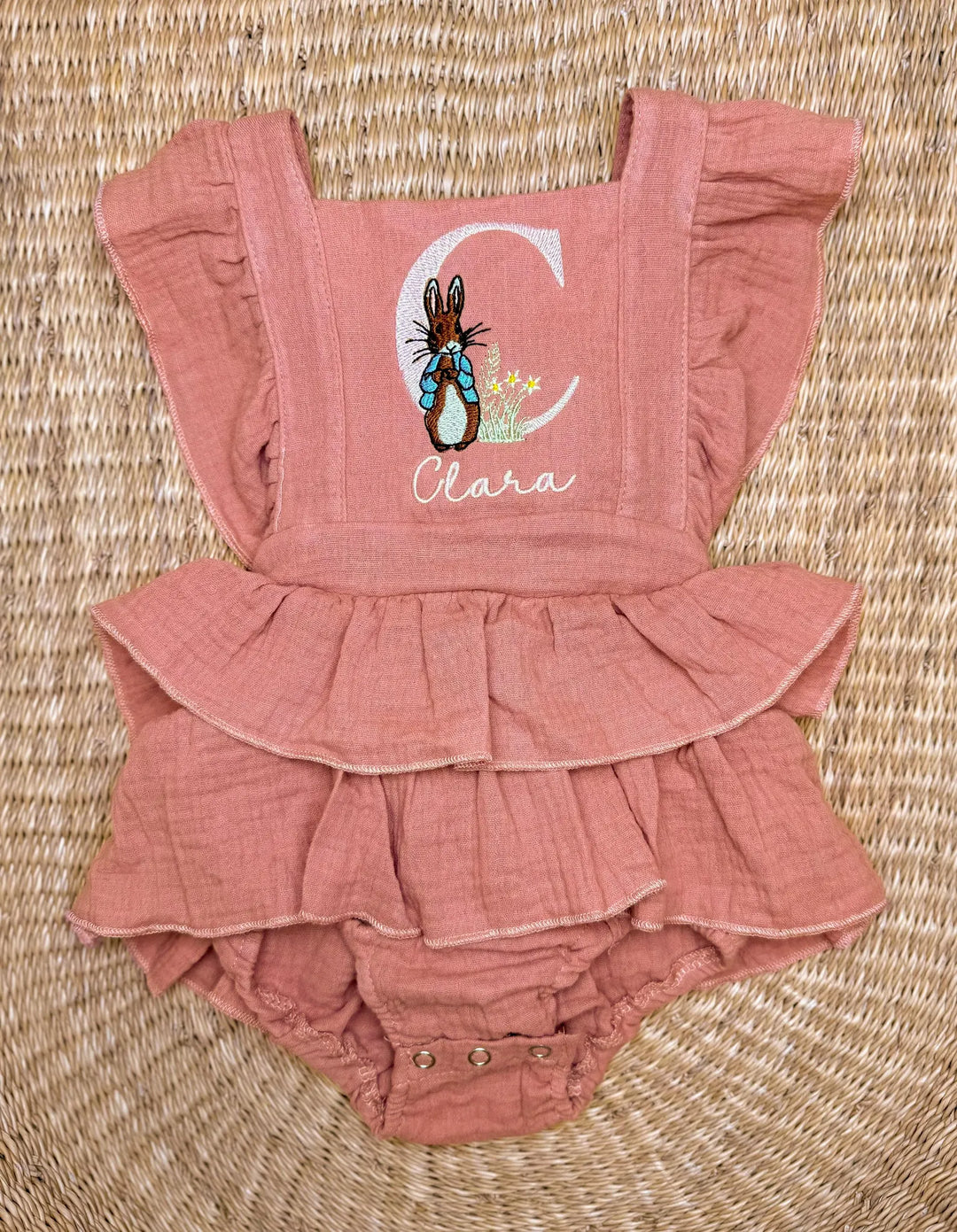 Girls Easter Romper With Name - Peter Rabbit Monogram Romper