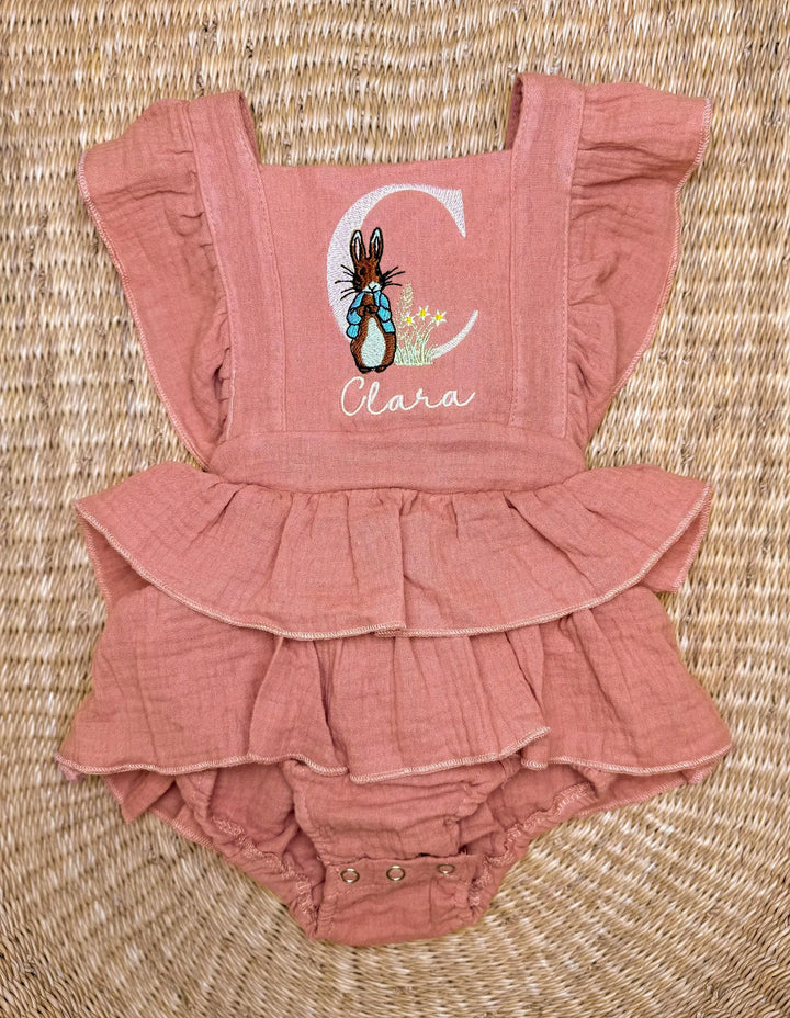 Girls Easter Romper With Name - Peter Rabbit Monogram Romper