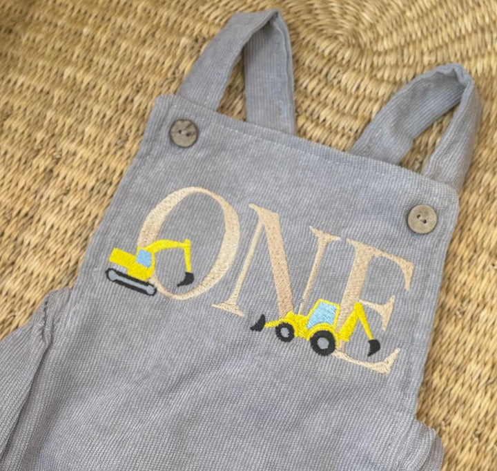 Construction First Birthday Romper - Boys Excavator Cake Smash Outfit - One Embroidered Birthday Overalls