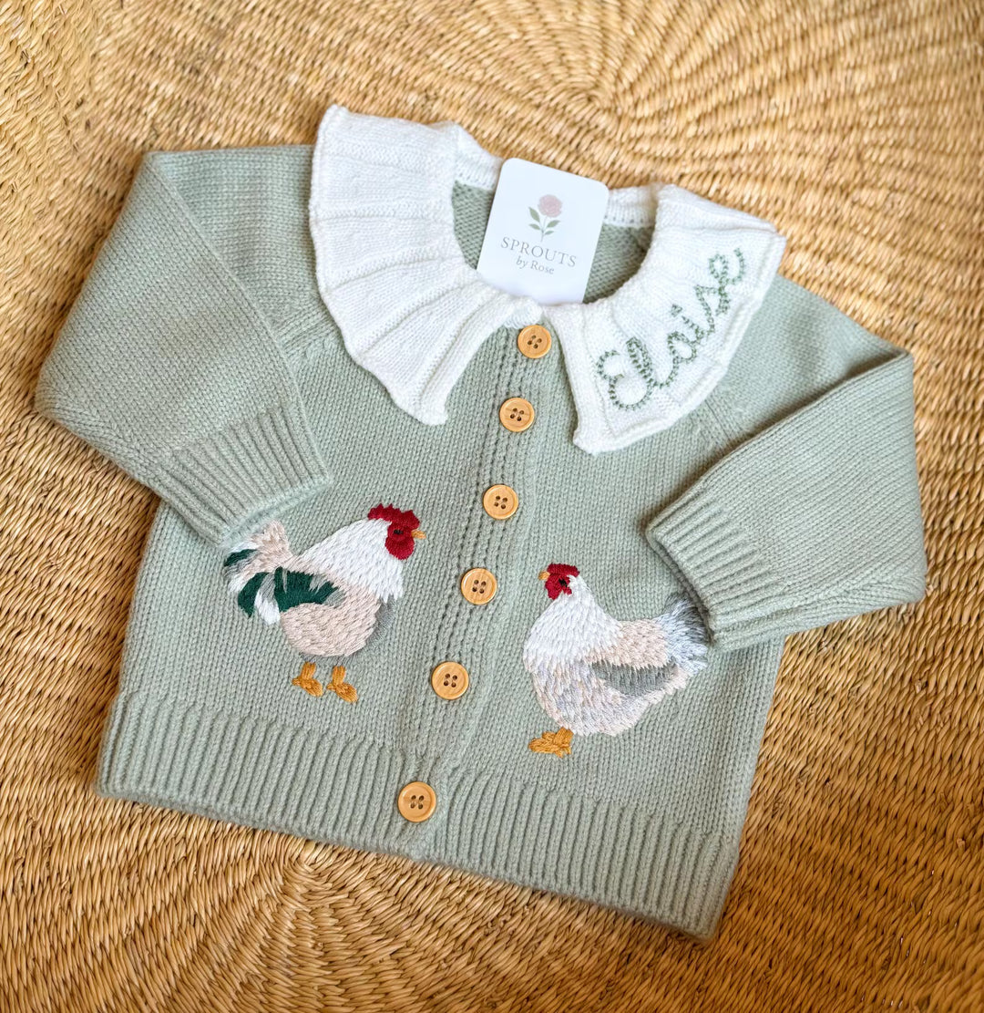 Personalized Chicken Baby Cardigan - Custom Name Ruffle Collar Knit Farmhouse Milestone Girl Outfit