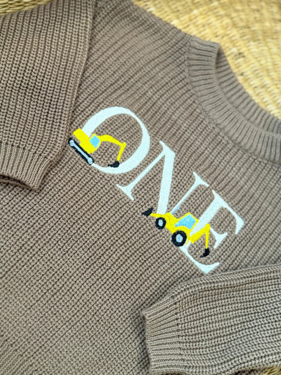Construction First Birthday Sweater – Embroidered Excavator Truck, 100% Cotton Knit