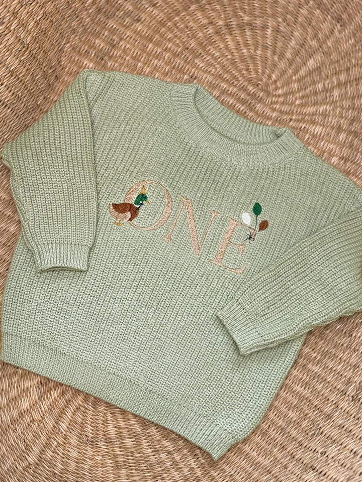 Custom Embroidered "One Lucky Duck" - First Birthday Sweater