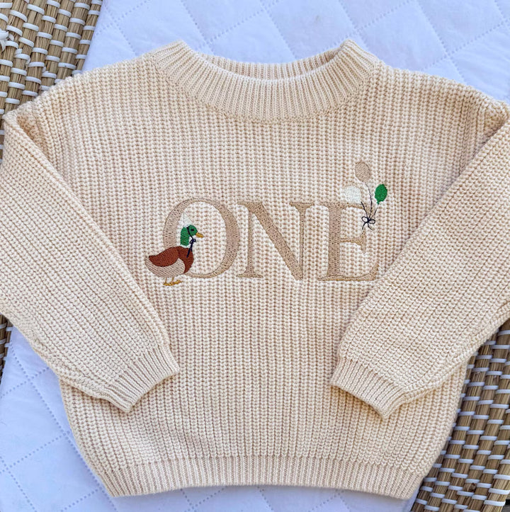 Custom Embroidered "One Lucky Duck" - First Birthday Sweater