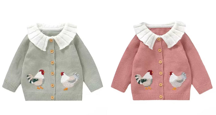Personalized Chicken Baby Cardigan - Custom Name Ruffle Collar Knit Farmhouse Milestone Girl Outfit