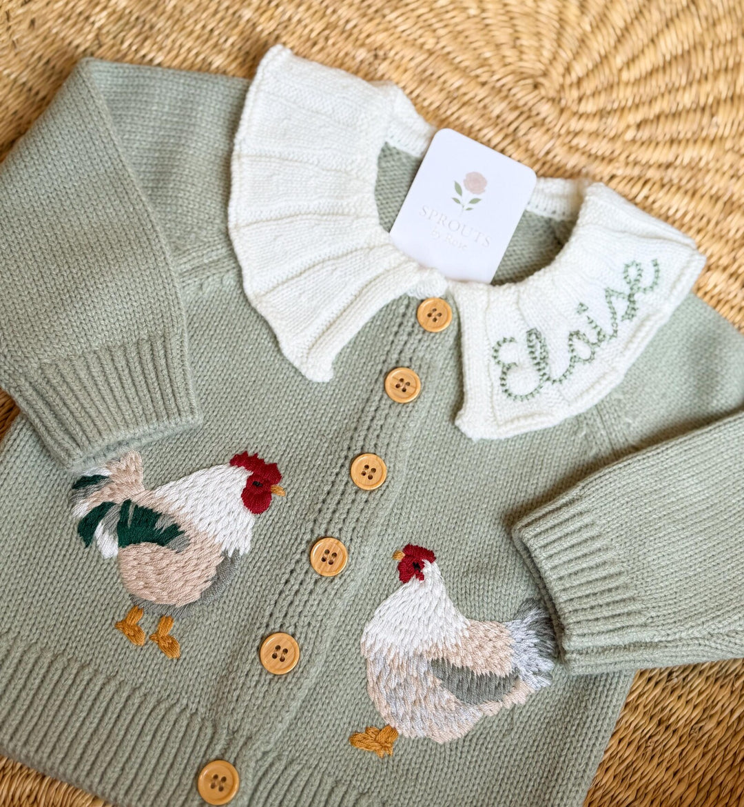 Personalized Chicken Baby Cardigan - Custom Name Ruffle Collar Knit Farmhouse Milestone Girl Outfit