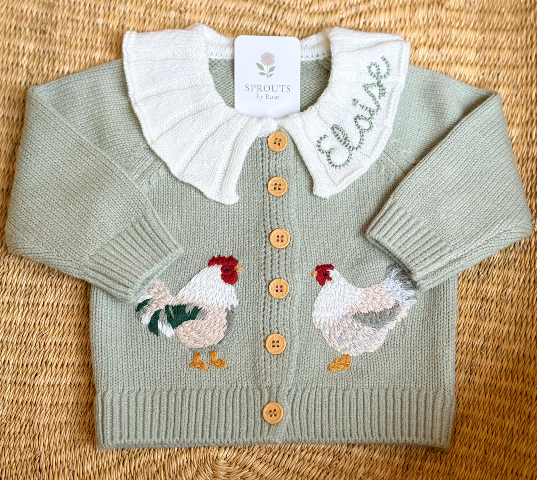 Personalized Chicken Baby Cardigan - Custom Name Ruffle Collar Knit Farmhouse Milestone Girl Outfit