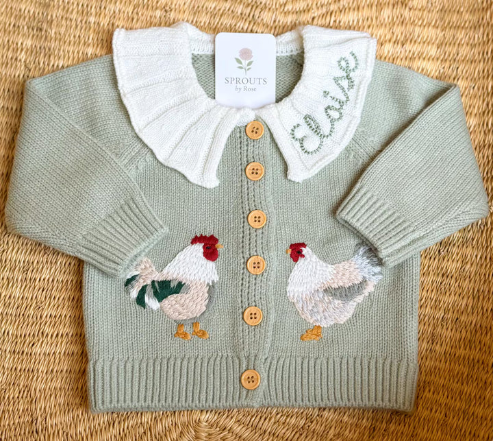 Personalized Chicken Baby Cardigan - Custom Name Ruffle Collar Knit Farmhouse Milestone Girl Outfit
