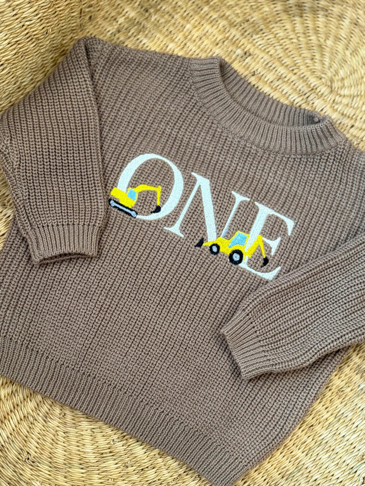 Construction First Birthday Sweater – Embroidered Excavator Truck, 100% Cotton Knit