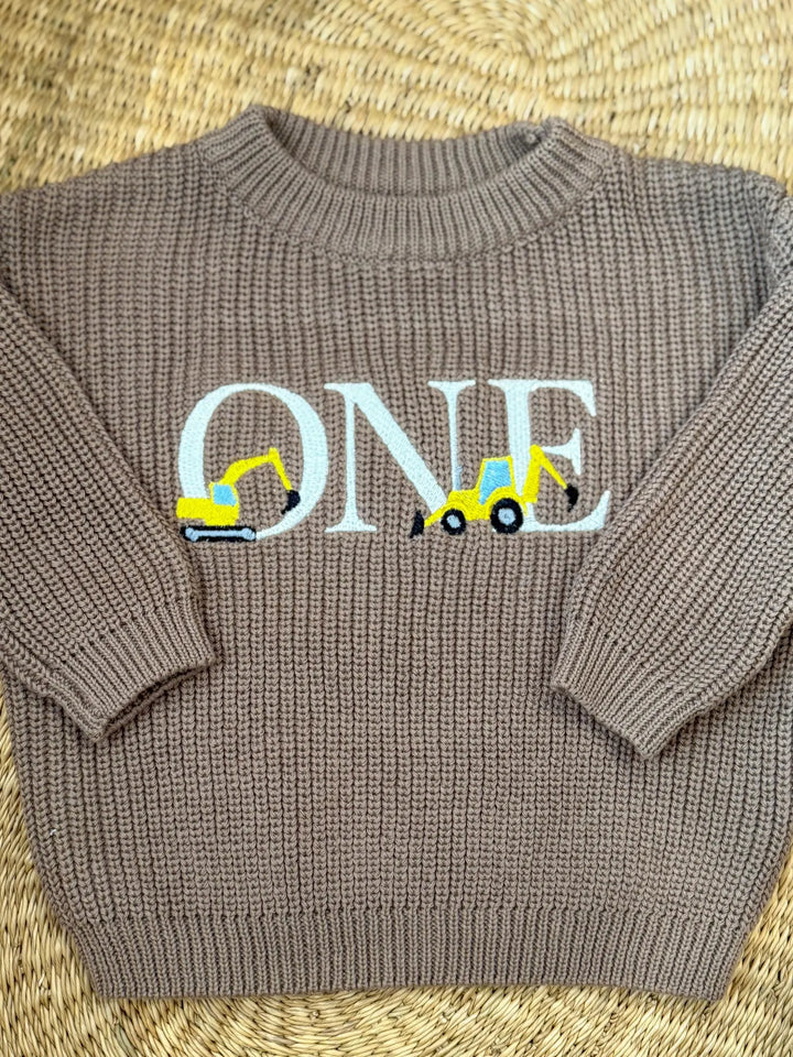 Construction First Birthday Sweater – Embroidered Excavator Truck, 100% Cotton Knit
