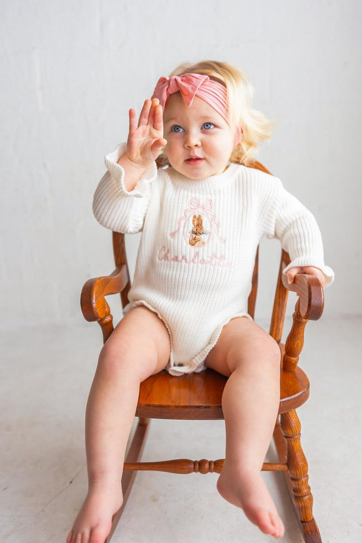 Personalized Peter Rabbit knit Romper - Custom Name Coquette Outfit