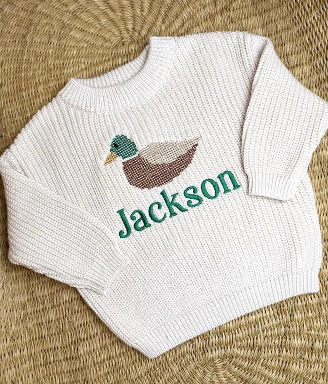 Personalized Cross Stitch Duck Sweater | Embroidered Baby Toddler Knit Pullover
