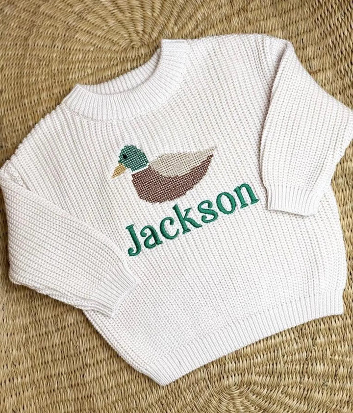 Personalized Cross Stitch Duck Sweater | Embroidered Baby Toddler Knit Pullover