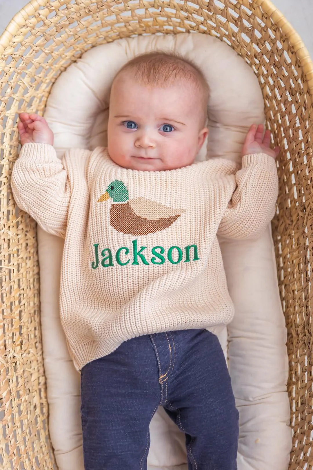 Personalized Cross Stitch Duck Sweater | Embroidered Baby Toddler Knit Pullover