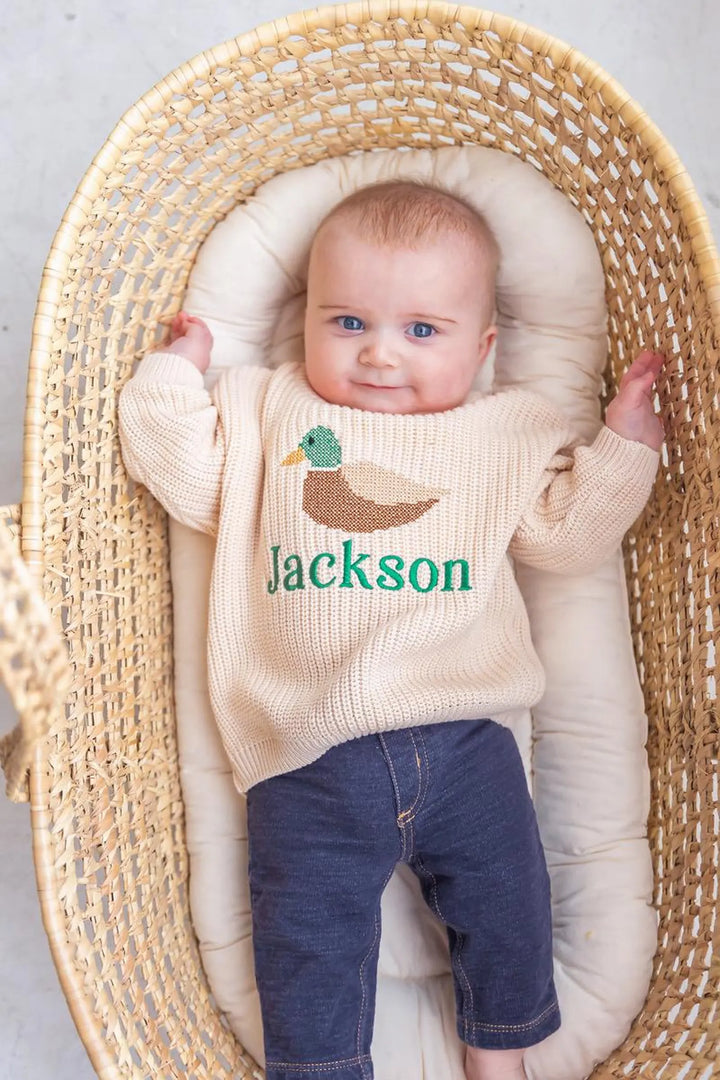 Personalized Cross Stitch Duck Sweater | Embroidered Baby Toddler Knit Pullover