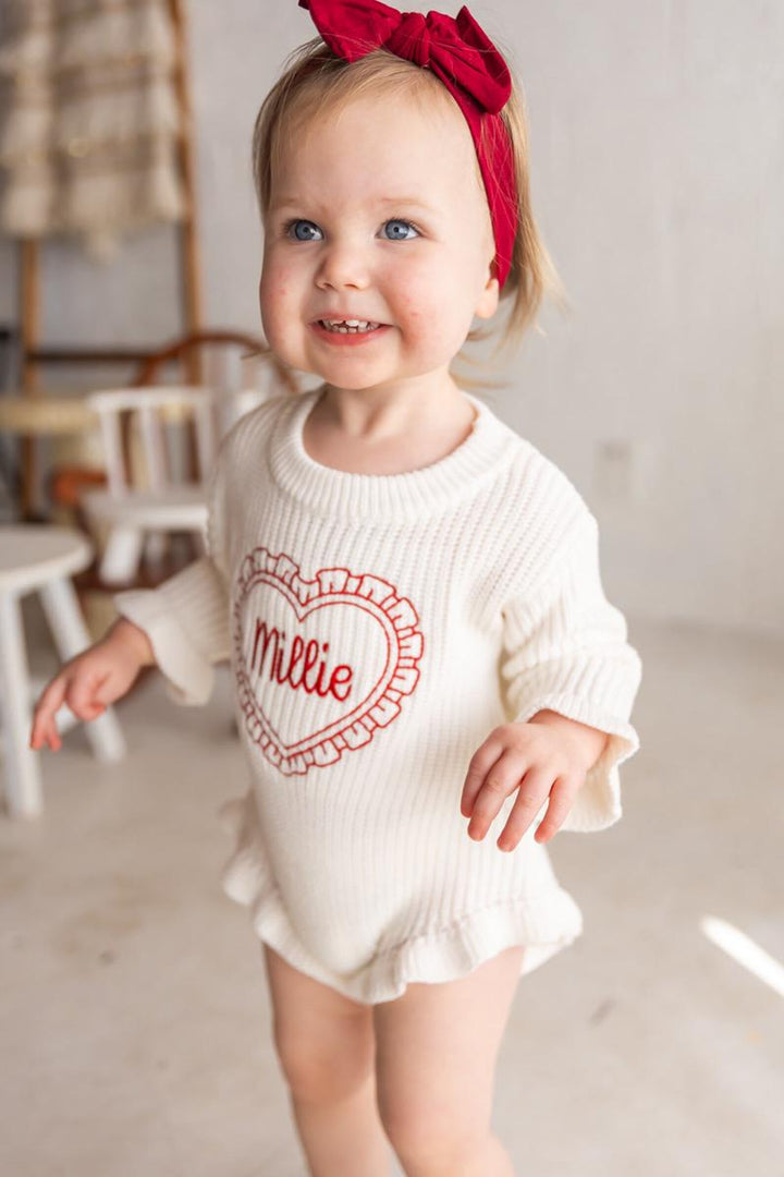 Baby Girls Valentine Outfit - Valentines Embroidered Knit Romper