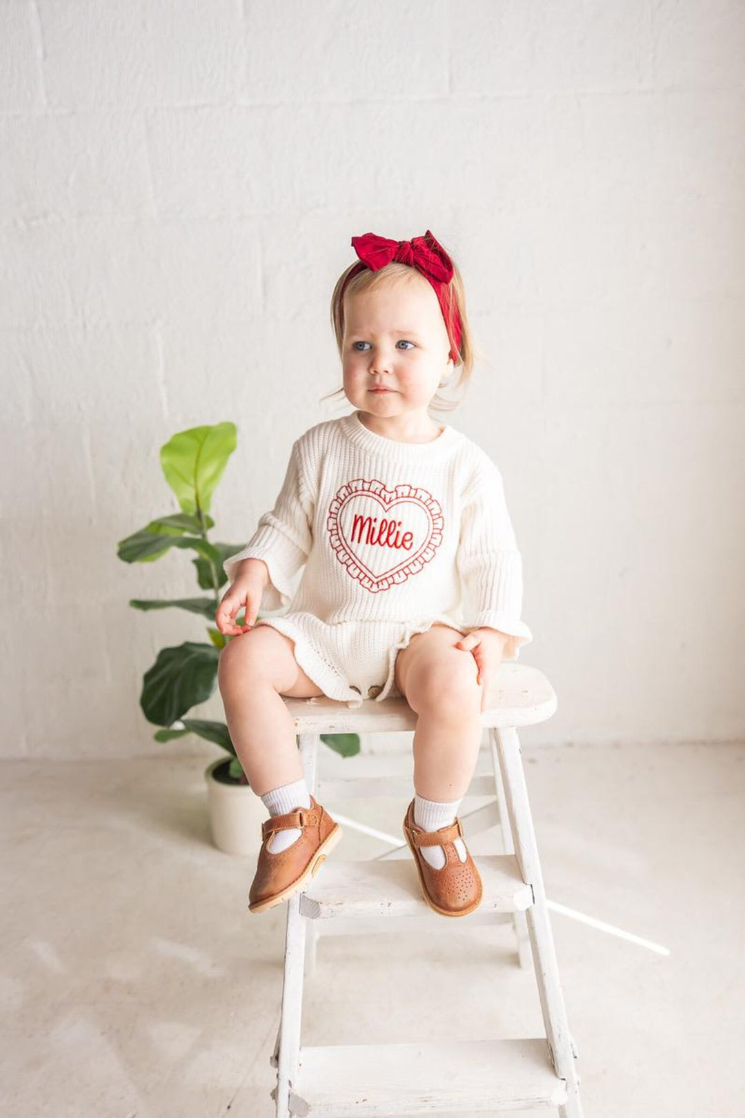 Baby Girls Valentine Outfit - Valentines Embroidered Knit Romper