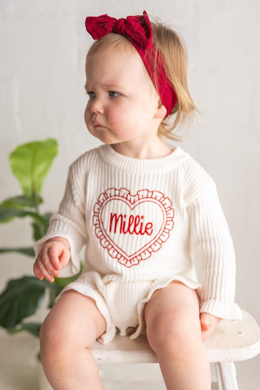 Baby Girls Valentine Outfit - Valentines Embroidered Knit Romper