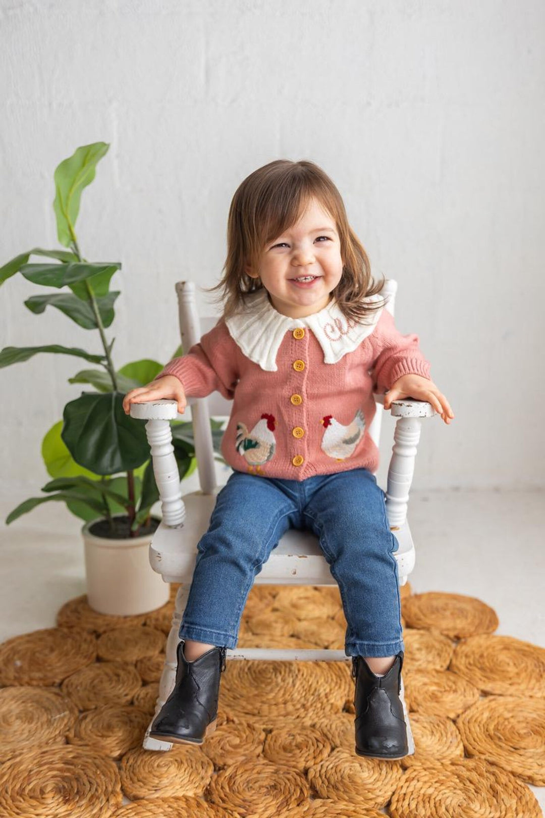 Personalized Chicken Baby Cardigan - Custom Name Ruffle Collar Knit Farmhouse Milestone Girl Outfit