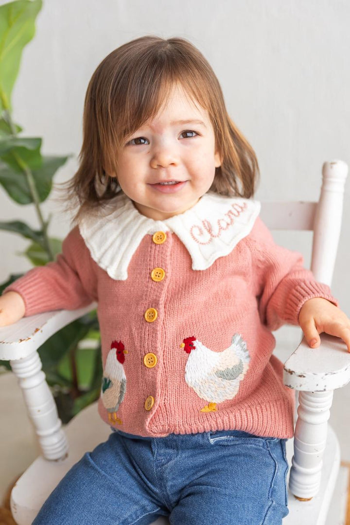 Personalized Chicken Baby Cardigan - Custom Name Ruffle Collar Knit Farmhouse Milestone Girl Outfit