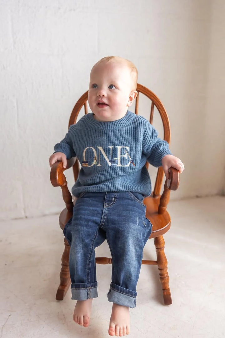 Fishing First Birthday Sweater – Embroidered “ONE” Cotton Outfit