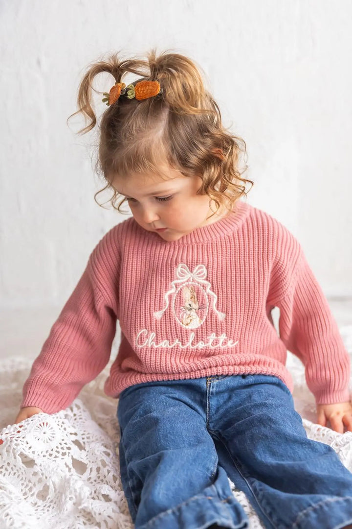 Embroidered Bunny Name Sweater – Custom Cotton Knit Easter Outfit