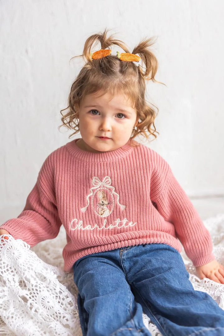 Embroidered Bunny Name Sweater – Custom Cotton Knit Easter Outfit
