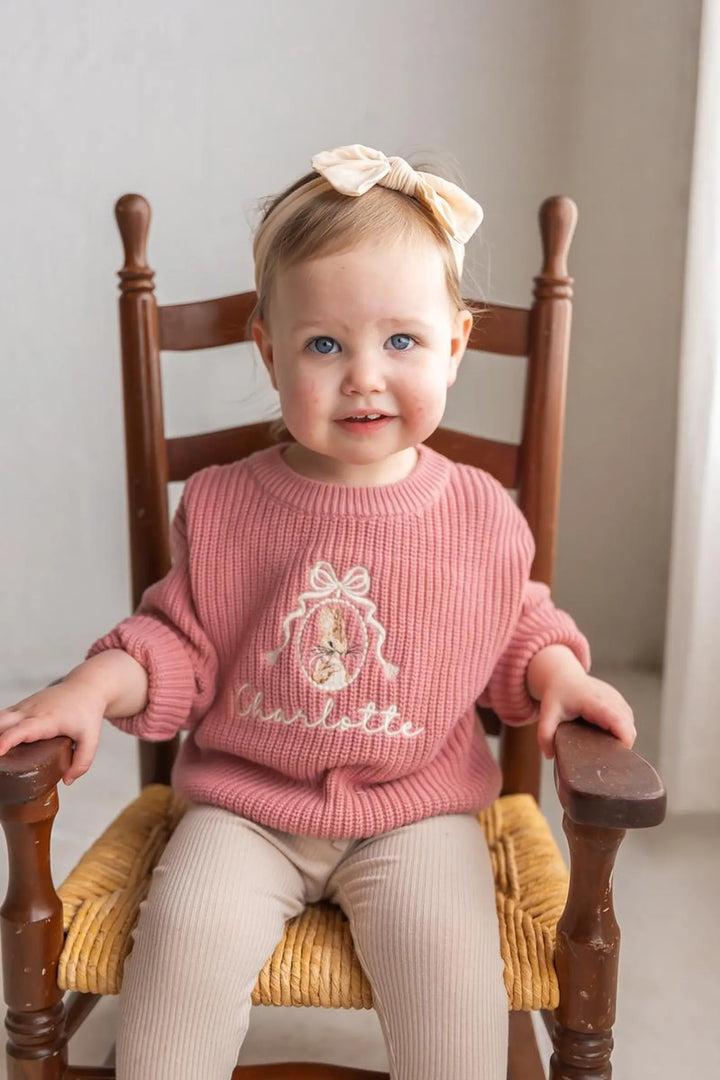 Embroidered Bunny Name Sweater – Custom Cotton Knit Easter Outfit