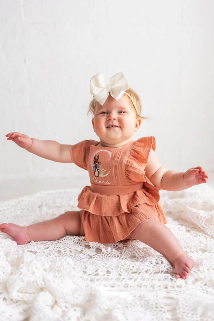 Girls Easter Romper With Name - Peter Rabbit Monogram Romper
