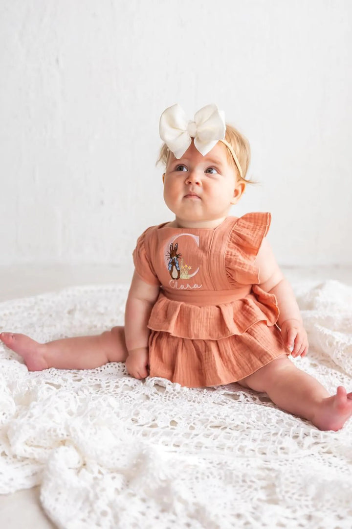 Girls Easter Romper With Name - Peter Rabbit Monogram Romper