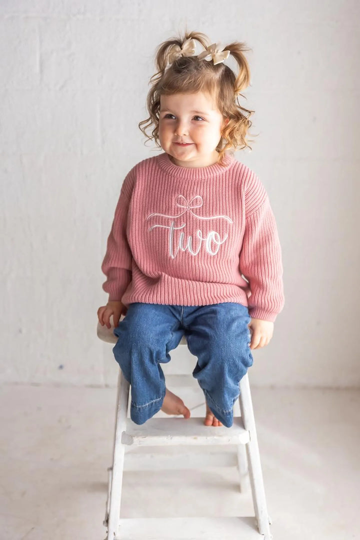 Embroidered Two Birthday Sweater, Coquette Knit Toddler Outfit