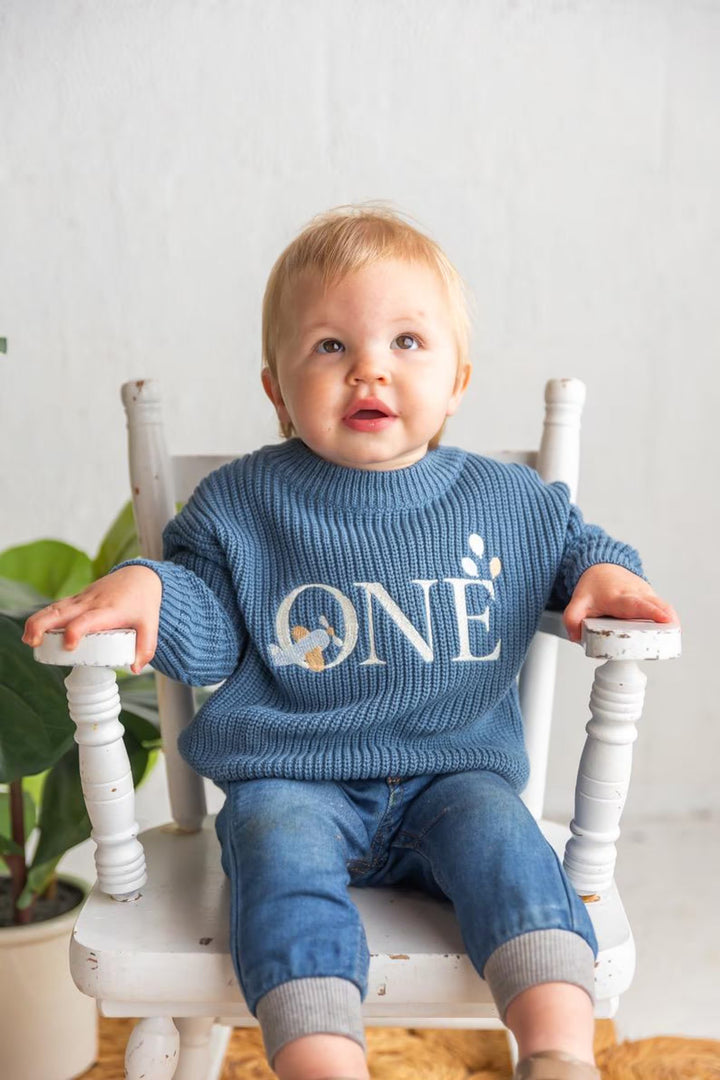 Embroidered Airplane ONE Sweater | Aviation Theme First Birthday Outfit