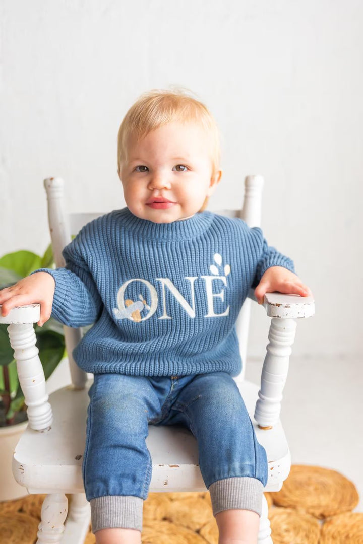 Embroidered Airplane ONE Sweater | Aviation Theme First Birthday Outfit