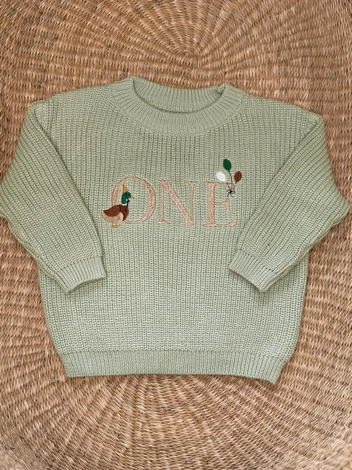 Custom Embroidered "One Lucky Duck" - First Birthday Sweater