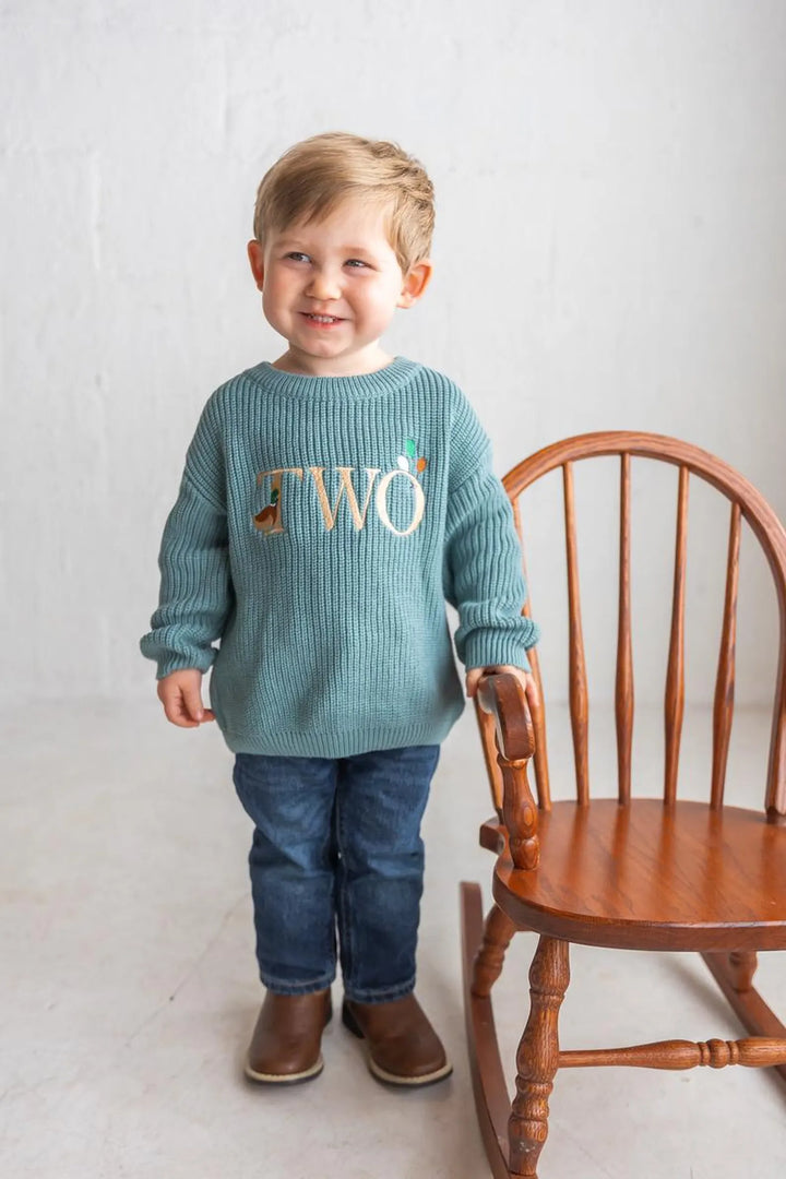 Duck Themed Second Birthday Sweater - Mallard “TWO” Embroidered Sweater
