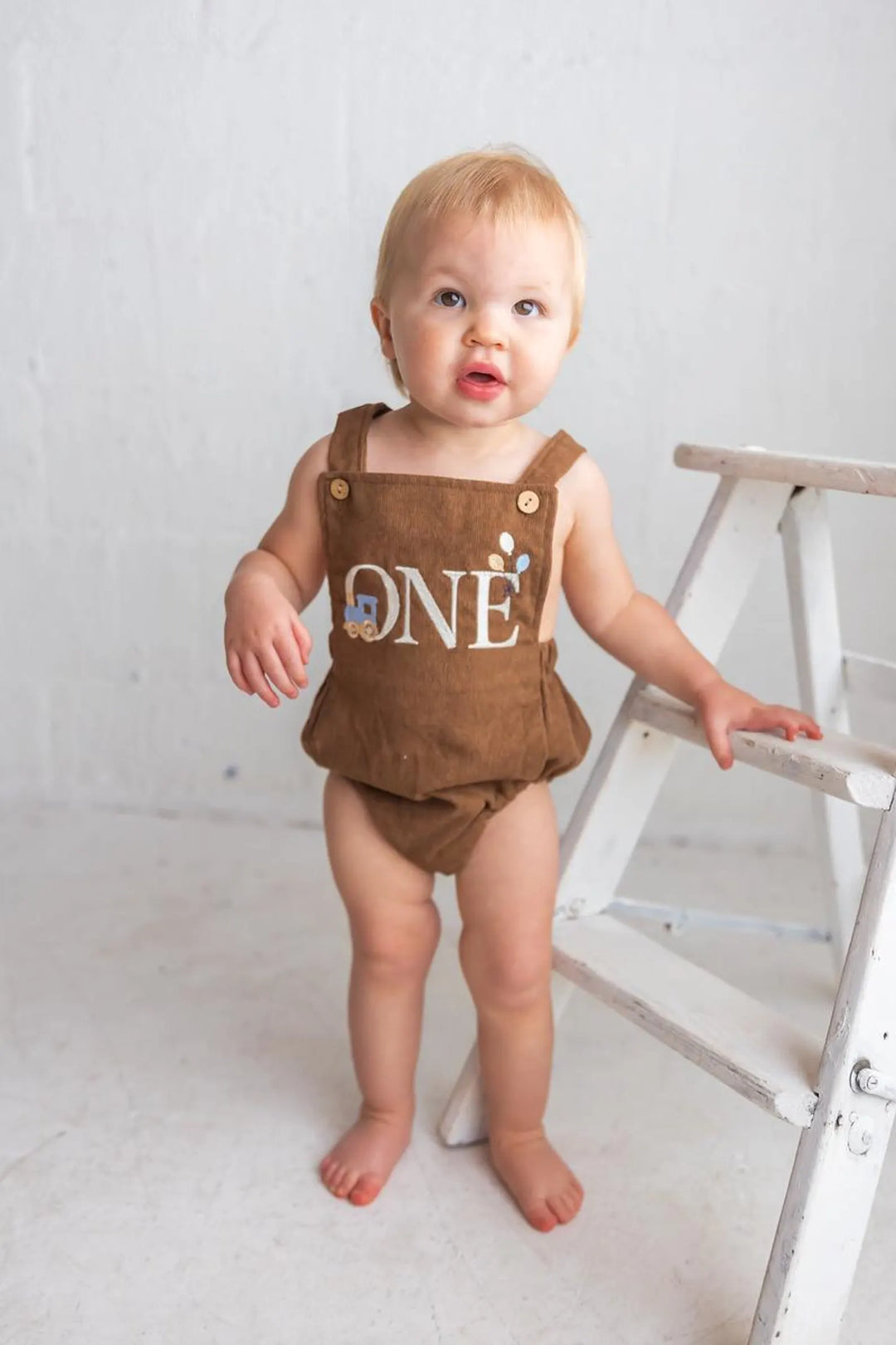 Baby Boy Train Birthday Romper, Embroidered ONE Corduroy Cake Smash Outfit