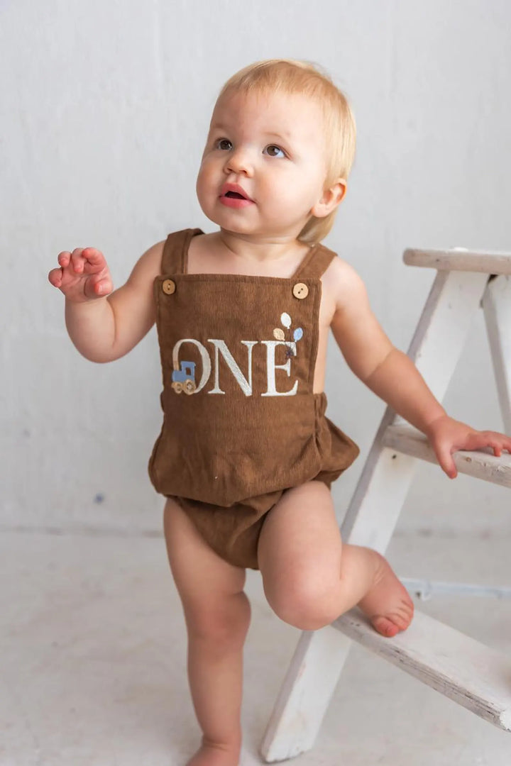 Baby Boy Train Birthday Romper, Embroidered ONE Corduroy Cake Smash Outfit