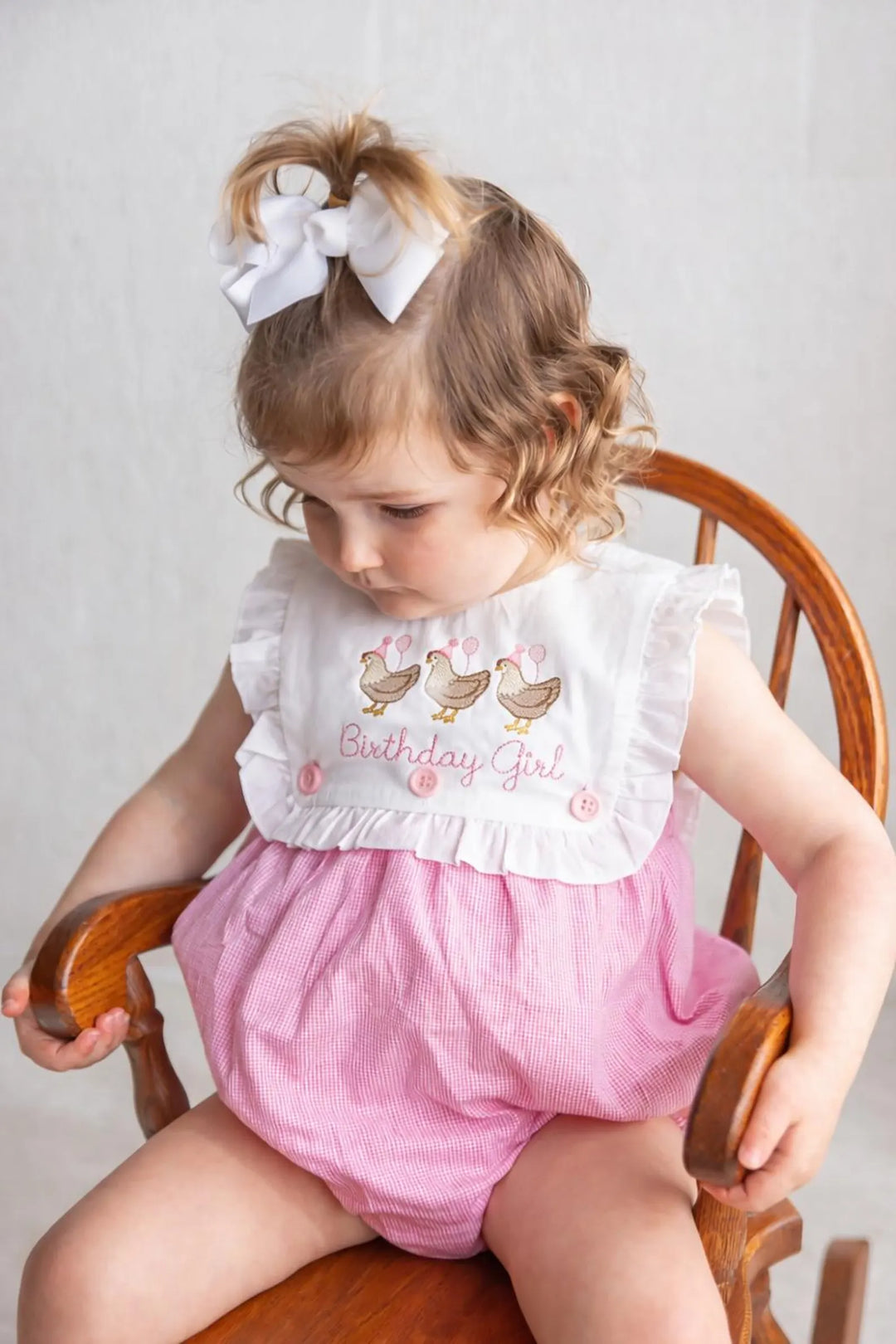 Birthday Girl Chicken Bubble Romper - Personalized Gingham Bib Front Milestone Baby Outfit