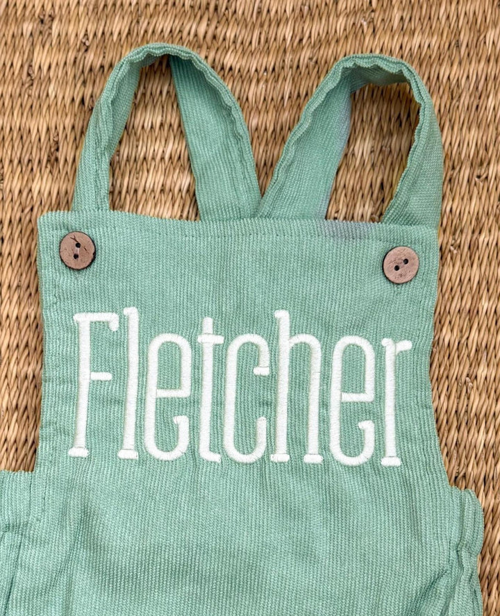 Personalized Baby Name Romper - Custom Embroidered Corduroy Jumpsuit - Neutral Toddler Outfit