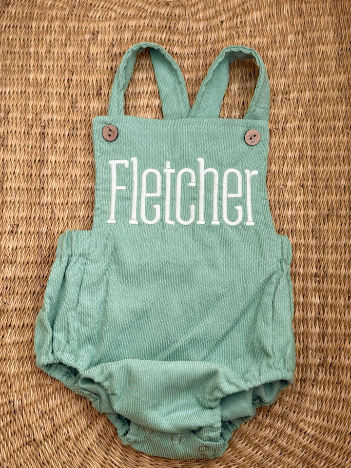 Personalized Baby Name Romper - Custom Embroidered Corduroy Jumpsuit - Neutral Toddler Outfit