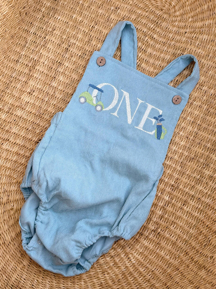 Hole In One First Birthday Bubble Romper - Personalized Corduroy Golf Milestone Baby Boy Outfit