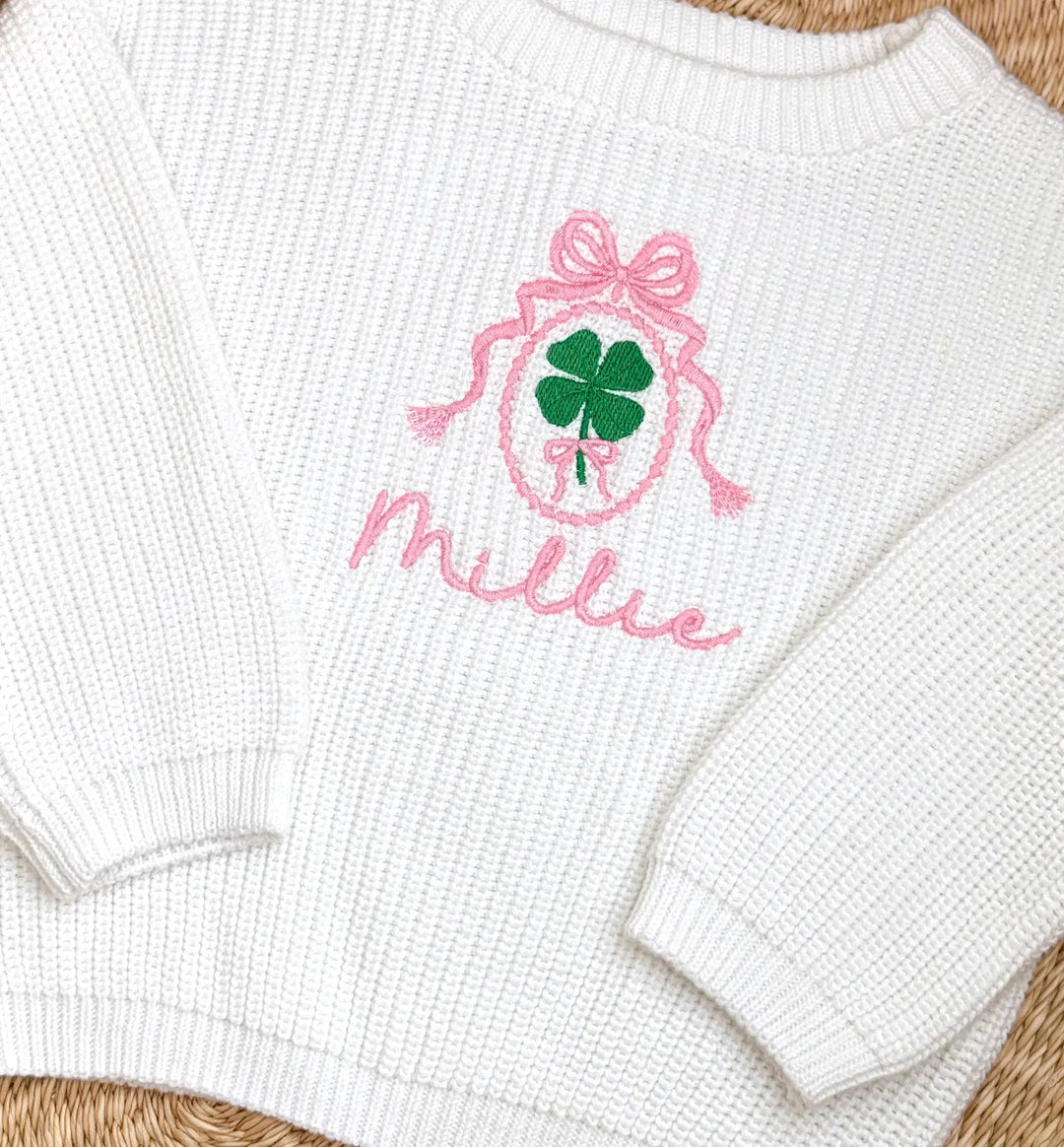 Personalized St. Patrick's Day Baby Sweater - Custom Name Clover Knit - Pink Bow Toddler Top