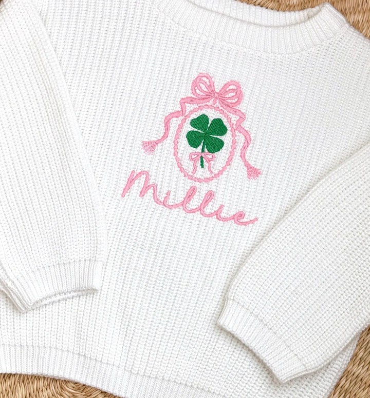 Personalized St. Patrick's Day Baby Sweater - Custom Name Clover Knit - Pink Bow Toddler Top