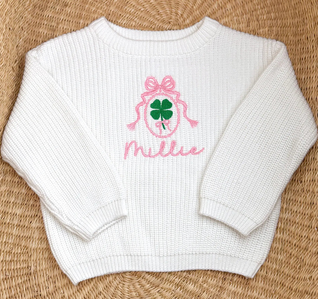 Personalized St. Patrick's Day Baby Sweater - Custom Name Clover Knit - Pink Bow Toddler Top
