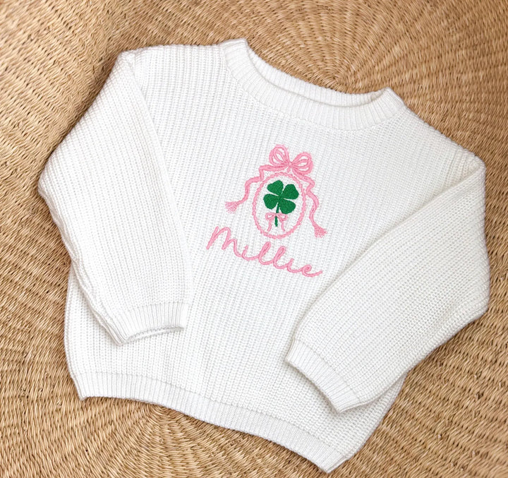 Personalized St. Patrick's Day Baby Sweater - Custom Name Clover Knit - Pink Bow Toddler Top
