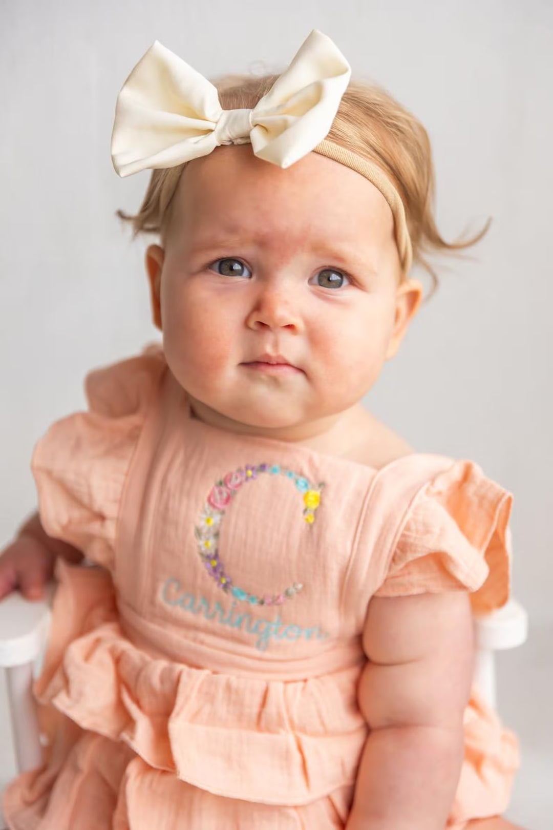 Floral Initial Embroidered Baby Romper: Personalized Ruffle Dress