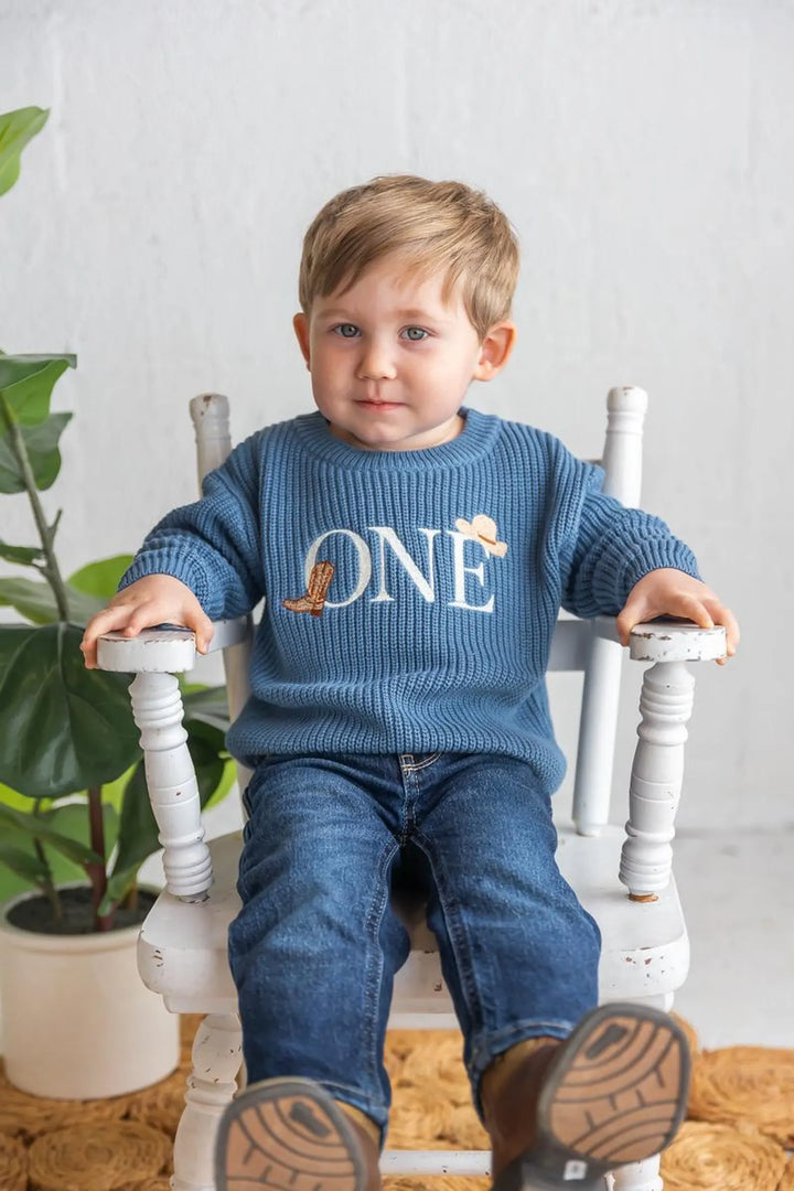 Embroidered First Birthday Sweater, Western Cowboy Outfit, Keepsake Knit