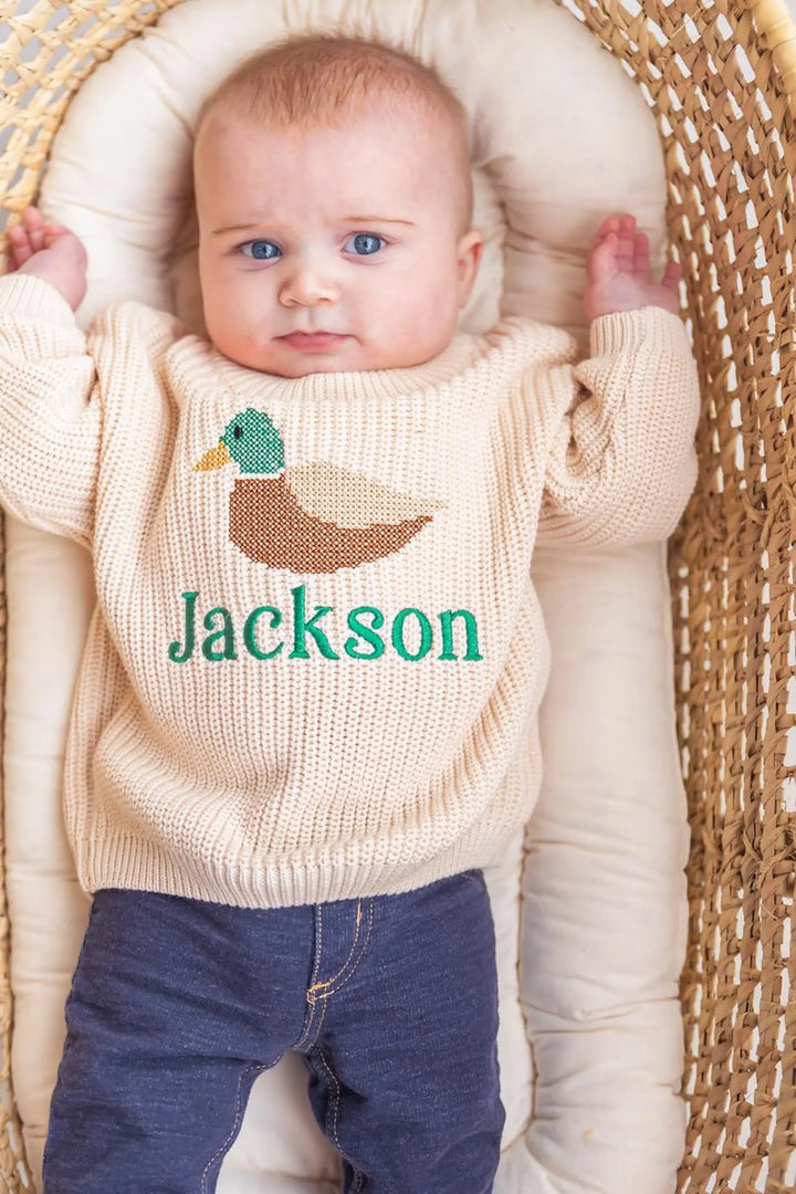 Personalized Cross Stitch Duck Sweater | Embroidered Baby Toddler Knit Pullover