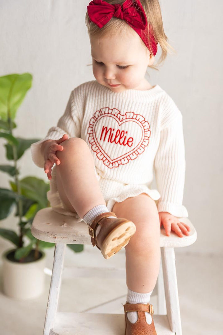 Baby Girls Valentine Outfit - Valentines Embroidered Knit Romper