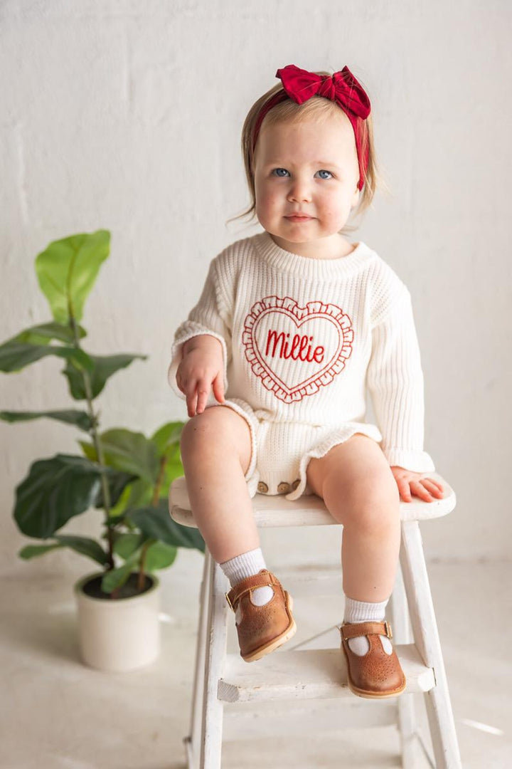 Baby Girls Valentine Outfit - Valentines Embroidered Knit Romper